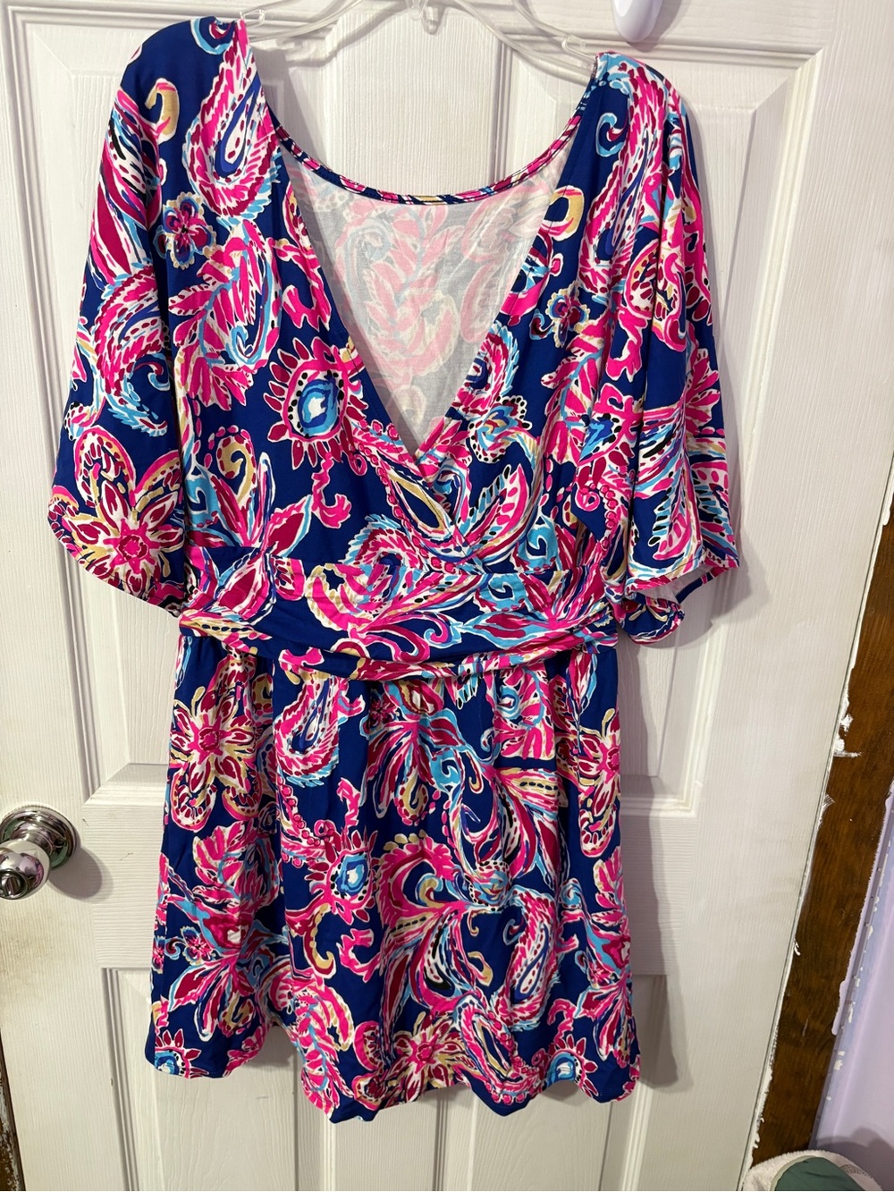 Lilly Pulitzer Navy Paisley Wrap Romper with Pink & Turquoise Accents